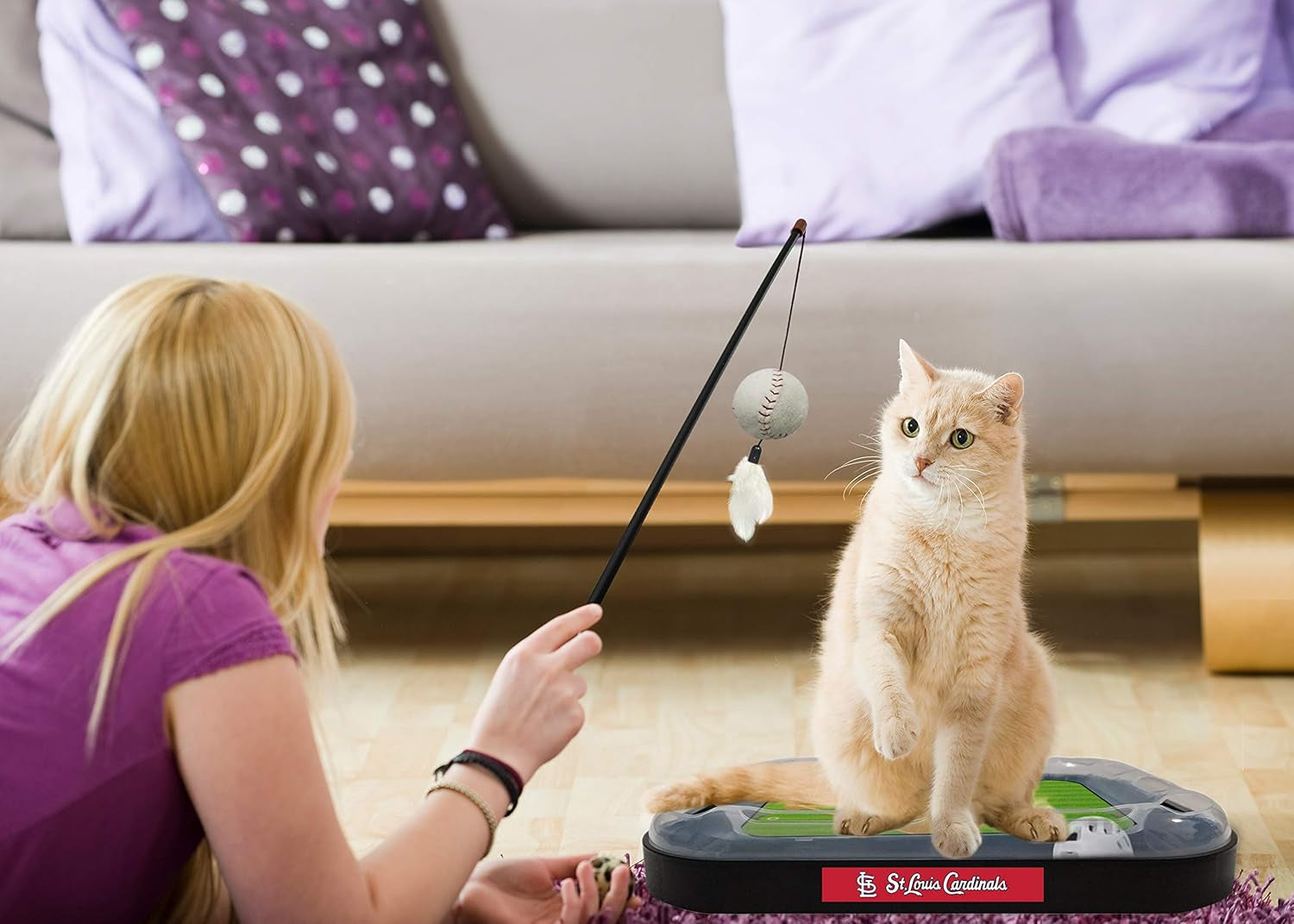 Cat Scratching Toy MLB ST. Louis Cardinals Baseball Field Cat Scratcher Toy with Interactive Cat Ball Bell in Tracks. 5-In-1 CAT Toy: Cat Wand Poll with Catnip Filled Plush Baseball & Feathers.