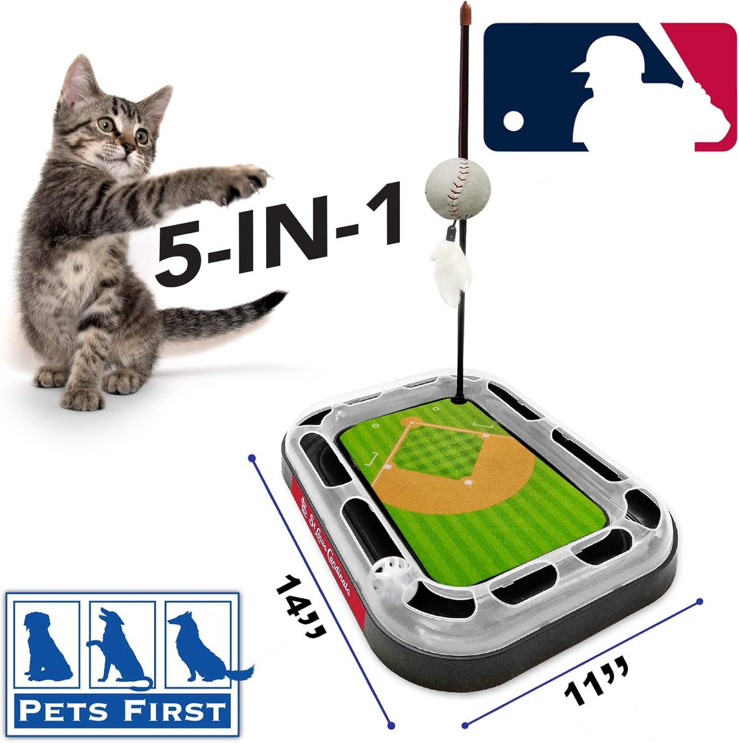 Cat Scratching Toy MLB ST. Louis Cardinals Baseball Field Cat Scratcher Toy with Interactive Cat Ball Bell in Tracks. 5-In-1 CAT Toy: Cat Wand Poll with Catnip Filled Plush Baseball & Feathers.