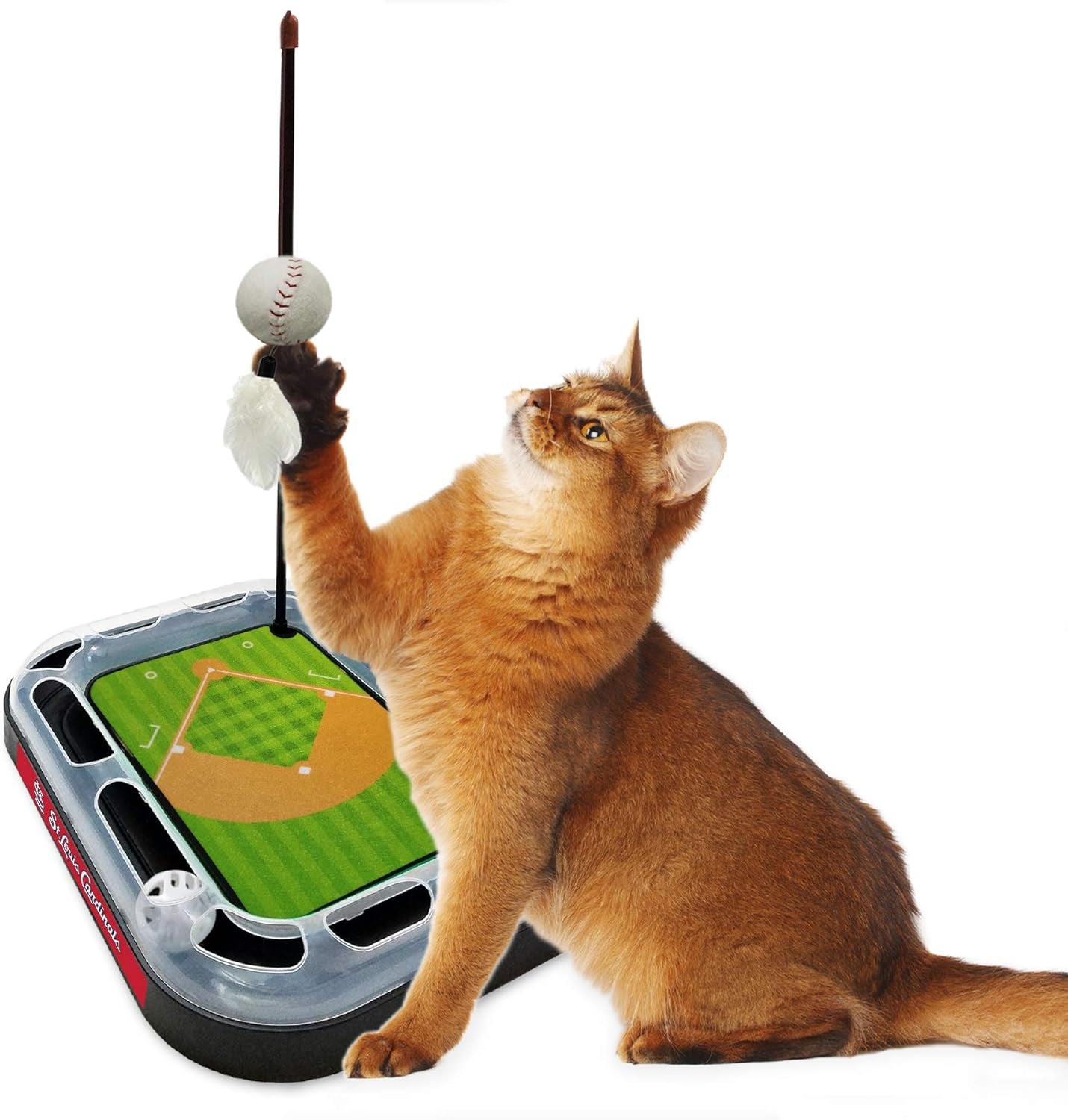 Cat Scratching Toy MLB ST. Louis Cardinals Baseball Field Cat Scratcher Toy with Interactive Cat Ball Bell in Tracks. 5-In-1 CAT Toy: Cat Wand Poll with Catnip Filled Plush Baseball & Feathers.